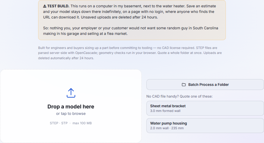 The landing page: a warning banner, a drop zone, a batch button and the sample models