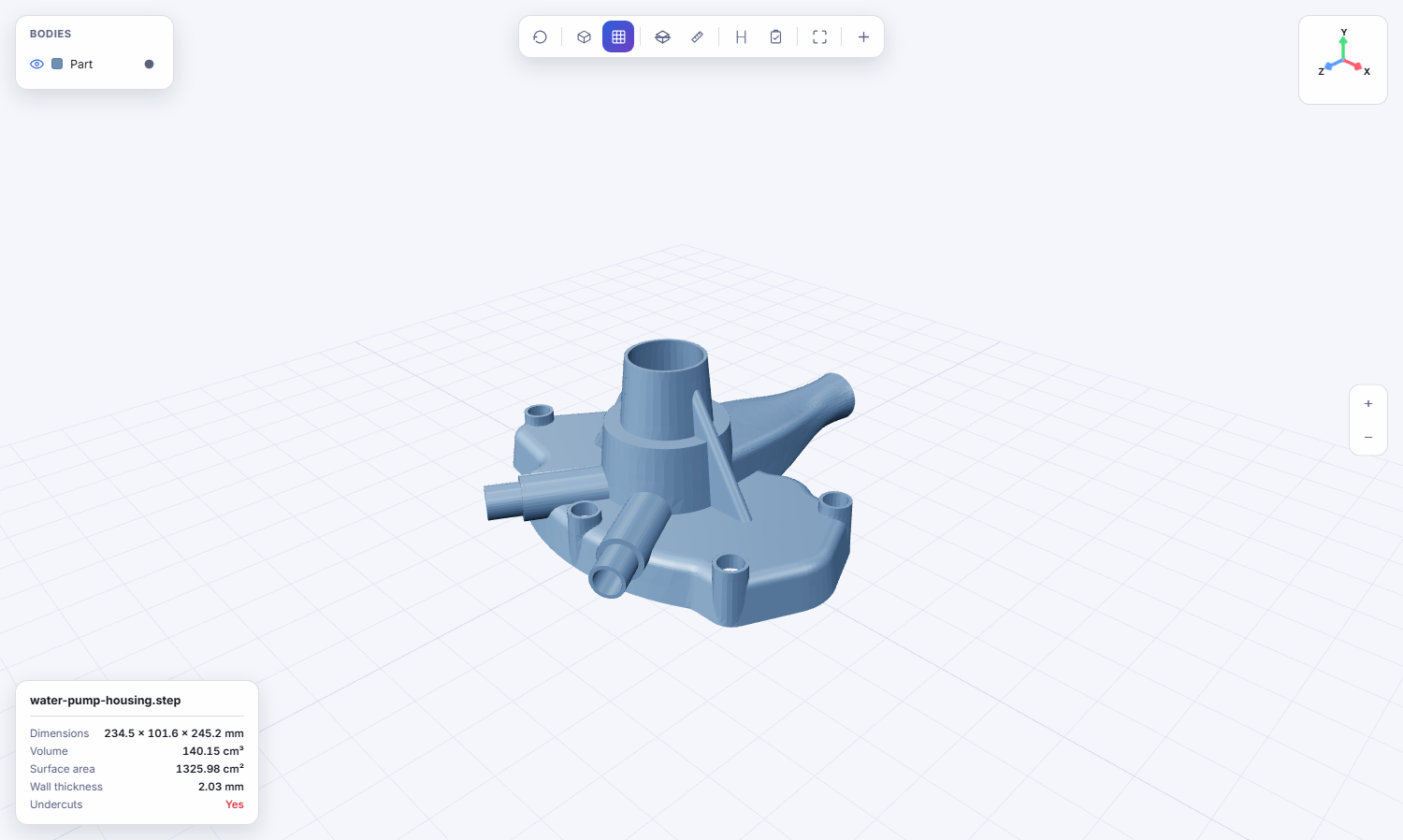 The 3D viewer showing the water pump housing, with a bodies list and measurement card